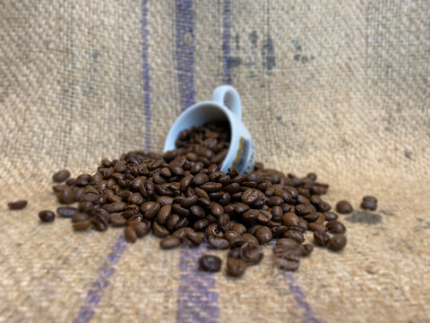 Old Brown Java Coffee Beans spilling out of an espresso cup